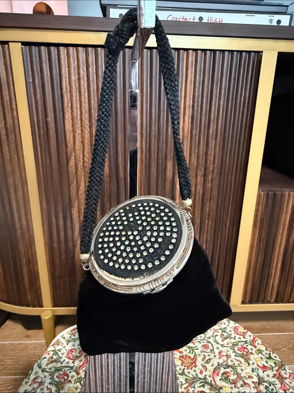 Vintage Black Velvet Evening wrist Clutch with Studded Round Frame